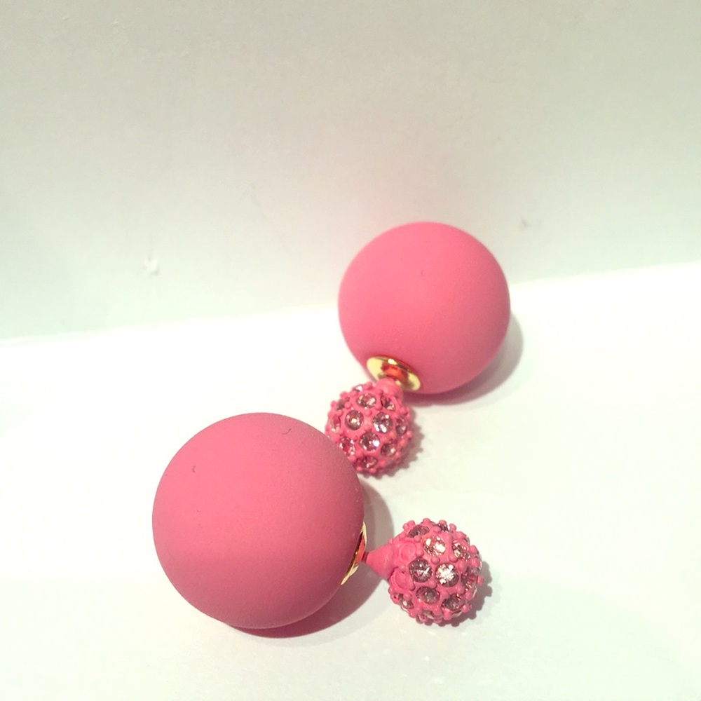 Matte Pink & Rhinestone Stud Double Sided Earrings